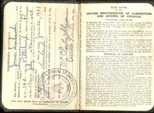 Carpenters & Joiners Union Dues Book 1921