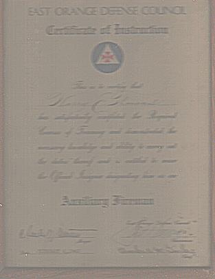 Auxiliary Fireman 1942 Certificate, framed