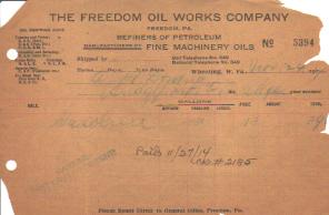 Freedom Oil Works Company 1914 Invoice