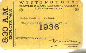 Westinghouse Mfg Co. Employe Pass 1936