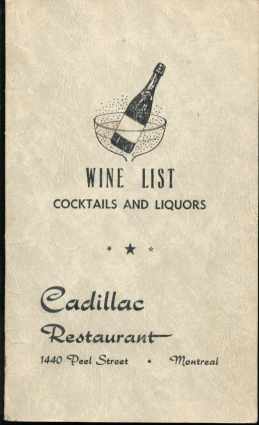 Cadillac Restaurant Montreal Wine List 1950s