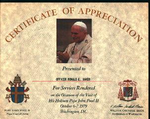 Certificate of Appreciation from Pope