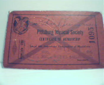 Pittsburgh Musical Society Cert of Membship