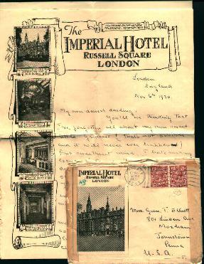 Letter from Imperial Hotel, Lnd. England!