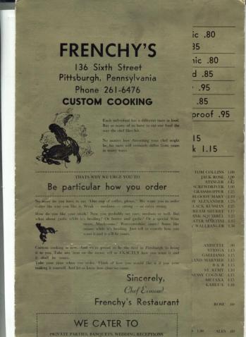 FRENCHY'S Pittsburgh Fine Dining c.50s Nice