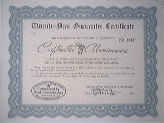 Twenty Year Quarantee Certificate for Craftmaster Alumi
