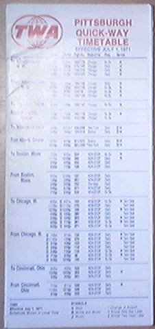 July 1,1971 TWA Pittsburgh Quick-Way Timetable