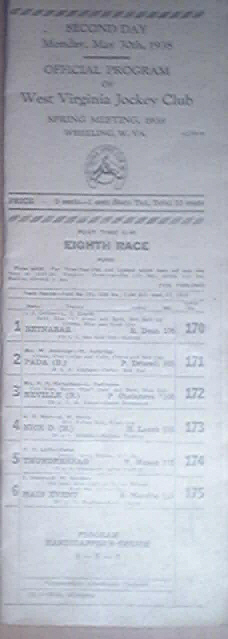 2nd Day May 30,1938 West Virginia Jockey Club Program