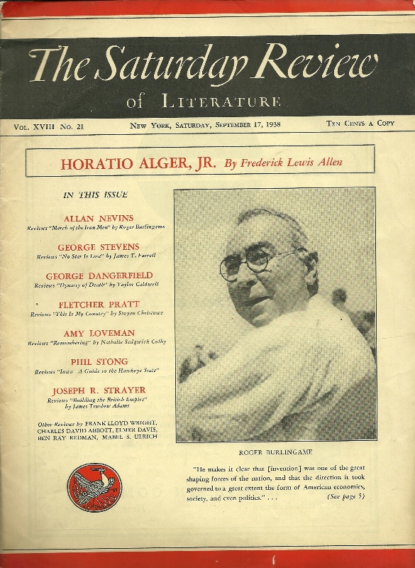 SATURDAY REVIEW OF LITERATURE SEPT,38 R.BURLINGAME (click to enlarge)