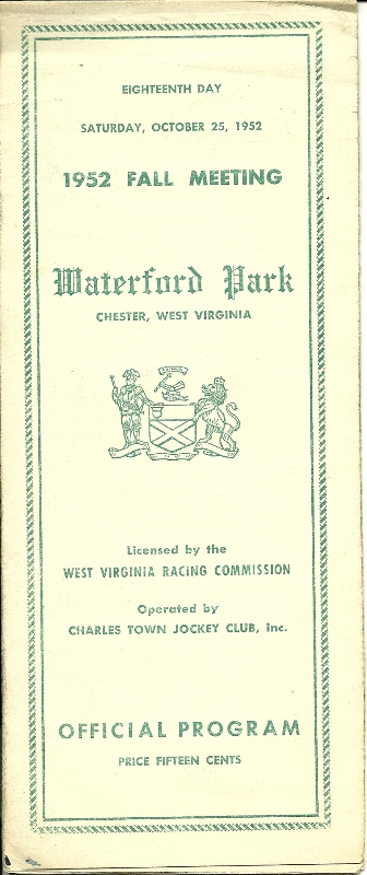 Waterford Park Racetrack Official Program Oct.. 1952
