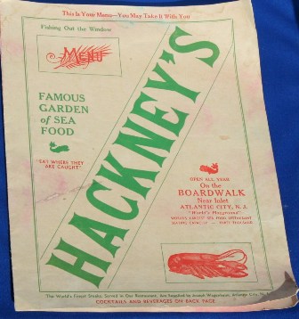 Hackney's On the Boardwalk Menu circa 1940's Hackney's On the Boardwalk Menu circa 1940's