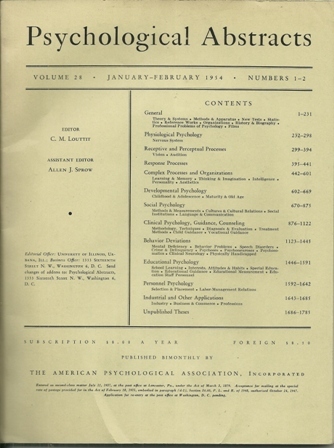 PSYCHOLOGICAL ABSTRACTS JAN-FEB, 1954