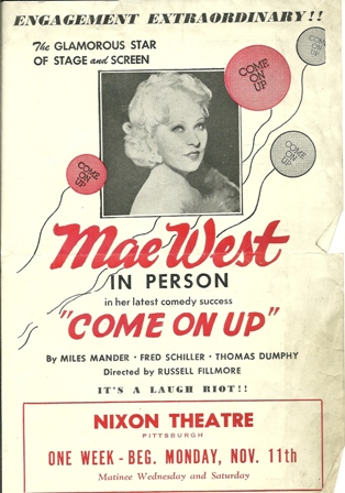 NIXON THEATRE -MAE WEST "COME ON UP"1946 ANNOUNCEMENT