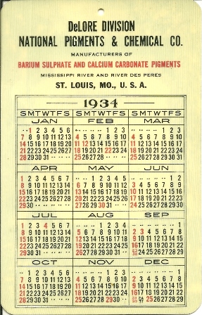 1934 PLASTIC CALENDAR-DeLORE DIV.NAT.PIGMENTS & CHEM