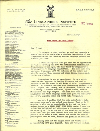 THE LINGUAPHONE INST.LETTER.1935