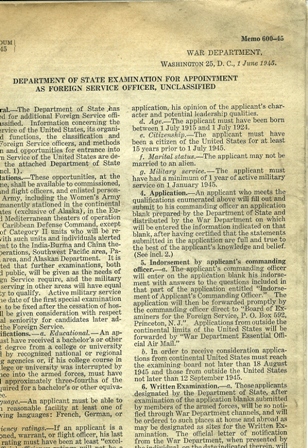 DEPT OF STATE MEMO-APPT.AS FOREIGN SERVICE OFFICER,1945
