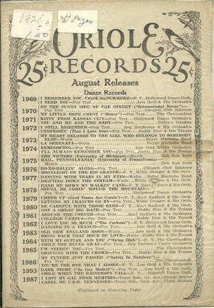 ORIOLE RECORDS AUG RELEASES DANCE RECORDS 1920'S