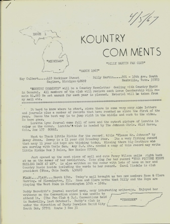 BILLY MARTIN FC NEWSLETTER,KOUNTRY COMMENTS MARCH,1967