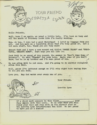 YOUR FRIEND LORETTA LYNN  CLUB NEWSLETTER, MARCH,1967