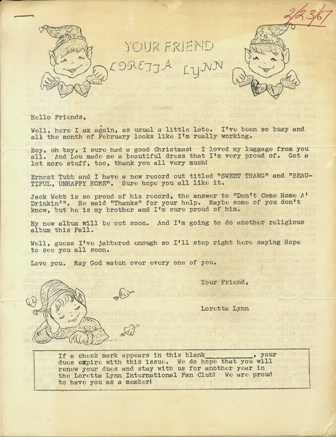 YOUR FRIEND LORETTA LYNN  CLUB NEWSLETTER, FEB,1967