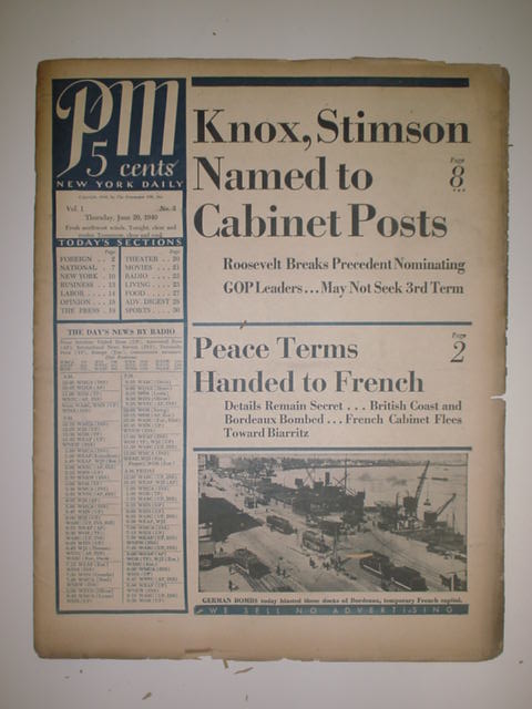 PM Daily Vol 1 # 3 June 20 1940 Stimson Knox in Cabinet (click to enlarge)