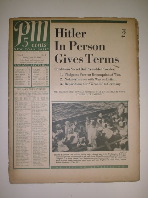PM Daily Vol 1 # 4 June 20 1940 Hitler Peace Joe Louis (click to enlarge)