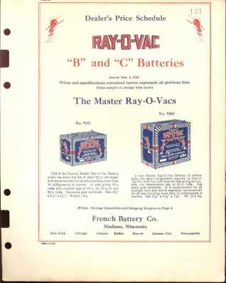 Ray-O-Vac Dealers Price Schedule 1925 B & C